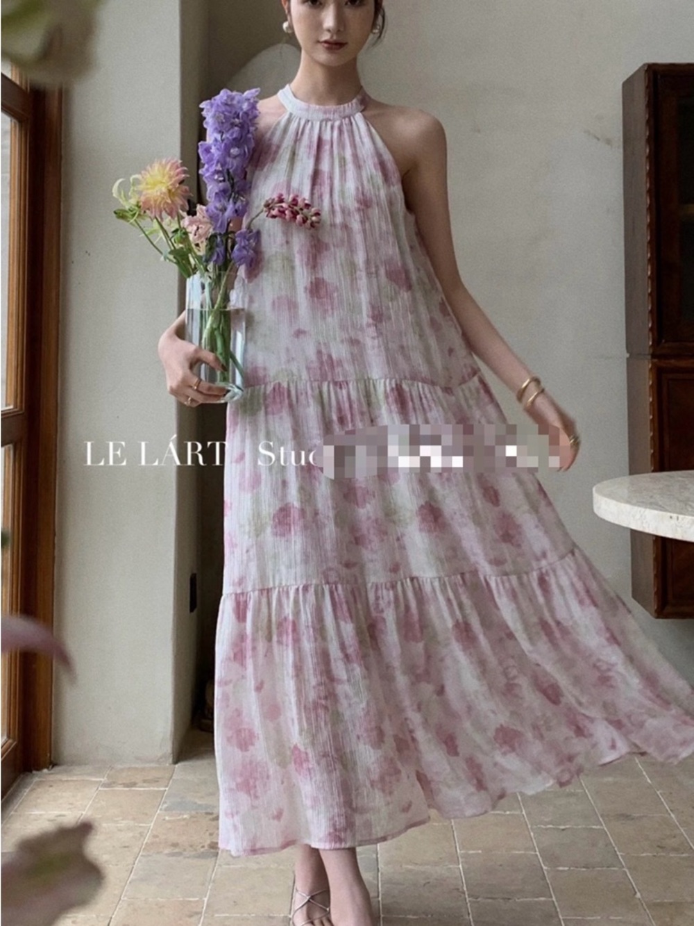 Water-colour Floral Halter Tiered Maxi Dress - Pastel Pink - Picture 1 of 12